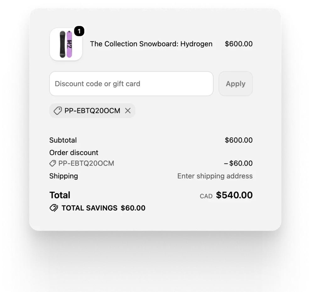 Shopify checkout with Post Perks code PP-EBTQ20OCM applied, taking $60 off a $600 order.