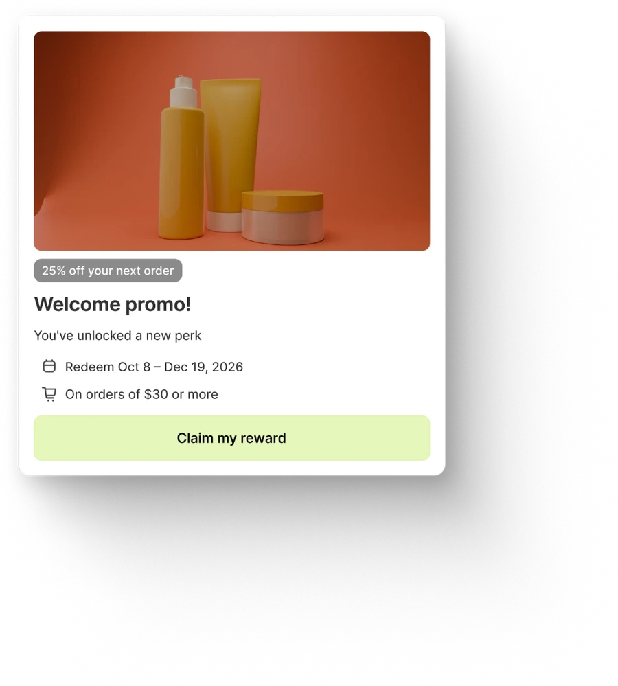 Perk card: “Welcome promo! You've unlocked a new perk — 25% off your next order. Redeem Oct 8 – Dec 19, 2026, on orders of $30 or more.” with a Claim my reward button.