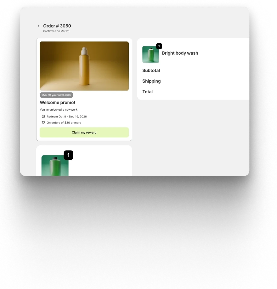 A Shopify order status page for order #3050 with a Post Perks Welcome promo card above the order summary.